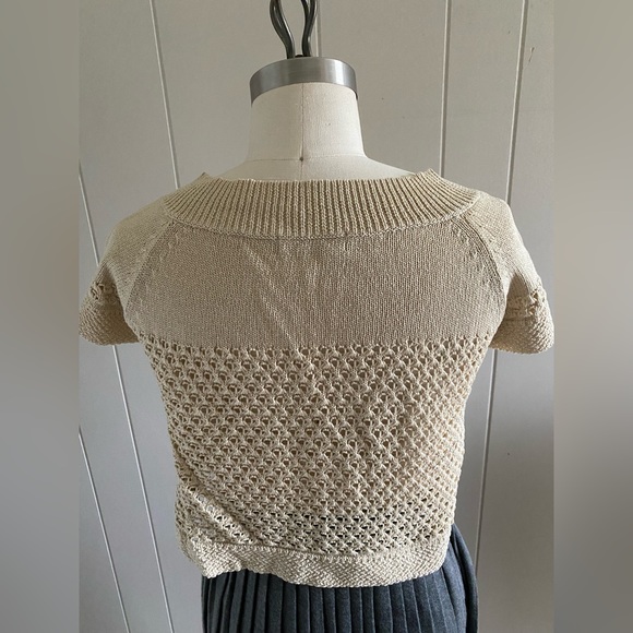 Cropped pointelle cardigan with bead encrusted button closure. - Picture 2 of 4